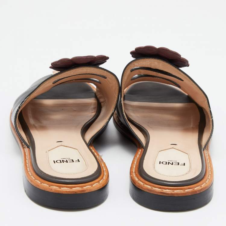 Pre Owned Fendi Black Leather Floral Applique Flat Mules Size 37