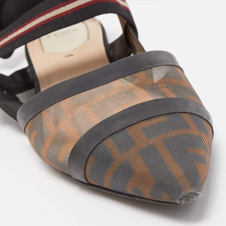 Pre Owned Fendi Black Mesh and Fabric Colibri Slingback Flat Sandals Size 40