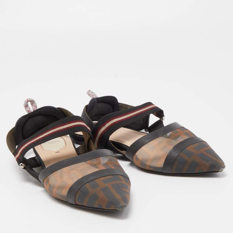 Pre Owned Fendi Black Mesh and Fabric Colibri Slingback Flat Sandals Size 40