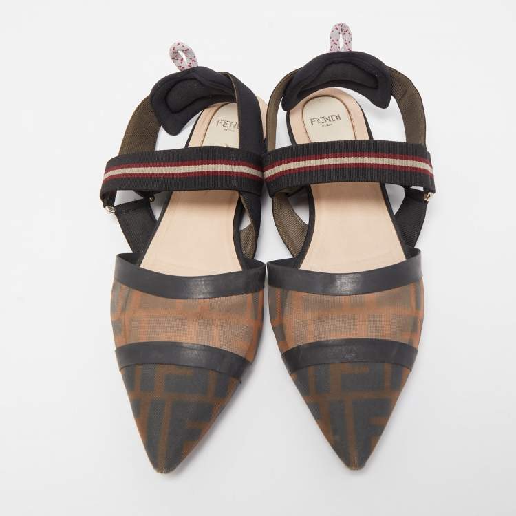 Pre Owned Fendi Black Mesh and Fabric Colibri Slingback Flat Sandals Size 40