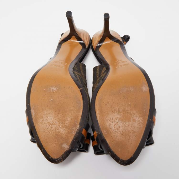 Pre Owned Fendi Black/Brown Zucca Canvas And Leather Bow Slingback Sandals Size 39.5