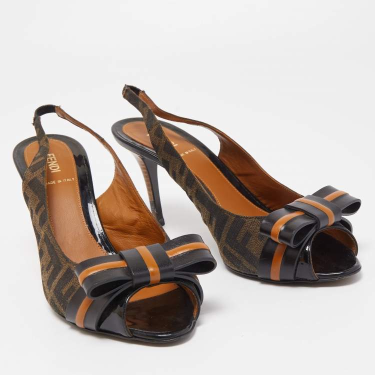 Pre Owned Fendi Black/Brown Zucca Canvas And Leather Bow Slingback Sandals Size 39.5