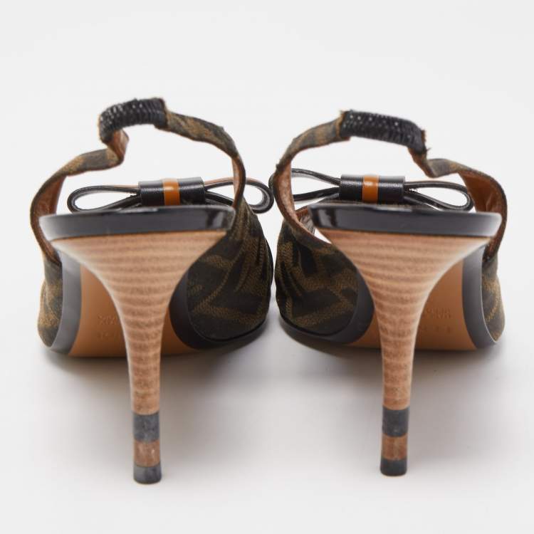 Pre Owned Fendi Black/Brown Zucca Canvas And Leather Bow Slingback Sandals Size 39.5