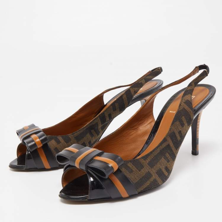 Pre Owned Fendi Black/Brown Zucca Canvas And Leather Bow Slingback Sandals Size 39.5