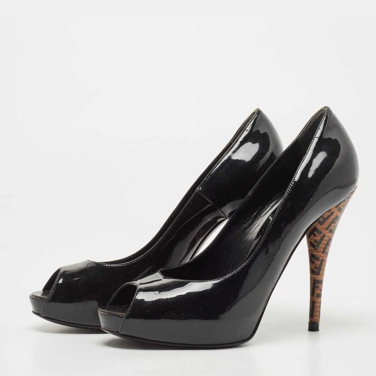 Pre Owned Fendi Black Patent Peep Toe Platform Pumps Size 39
