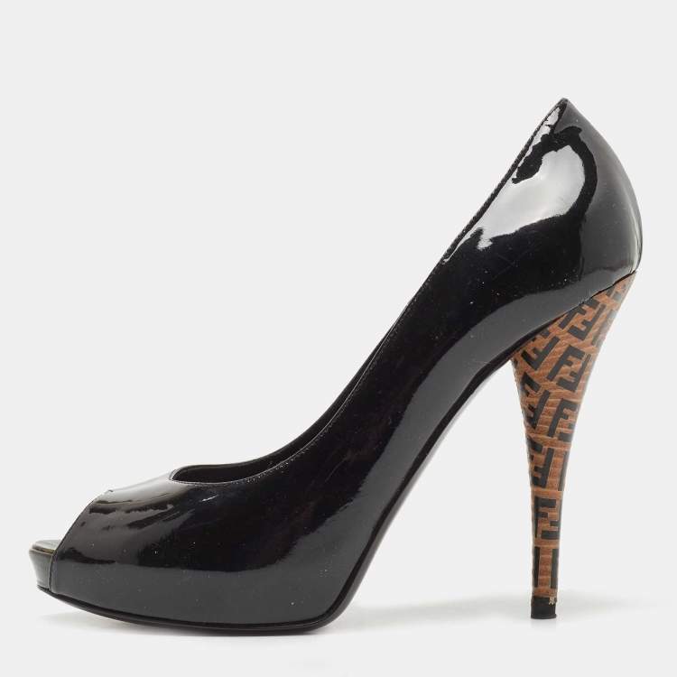 Pre Owned Fendi Black Patent Peep Toe Platform Pumps Size 39