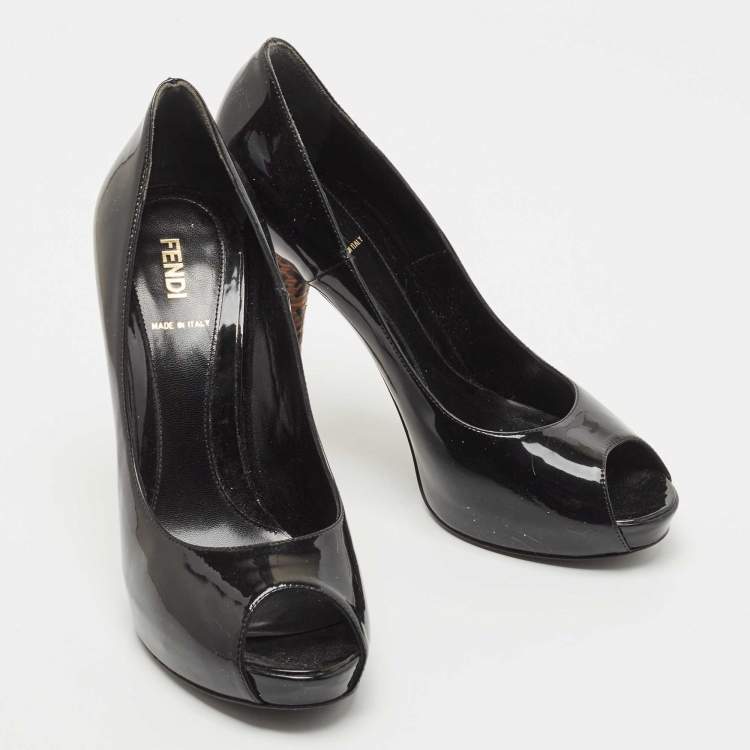 Pre Owned Fendi Black Patent Peep Toe Platform Pumps Size 39