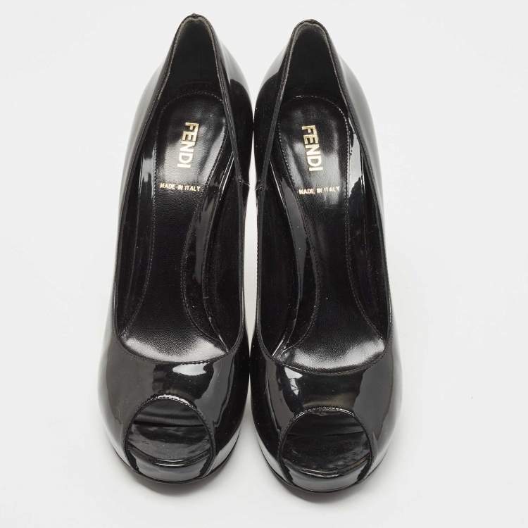Pre Owned Fendi Black Patent Peep Toe Platform Pumps Size 39