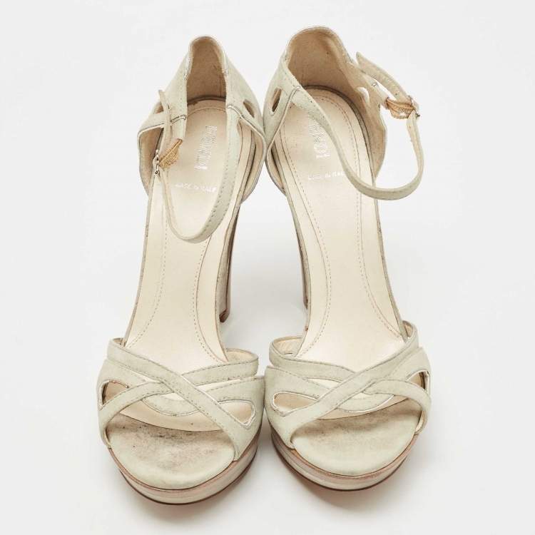 Pre Owned Fendi Grey Suede Wedge Ankle Strap Sandals Size 39