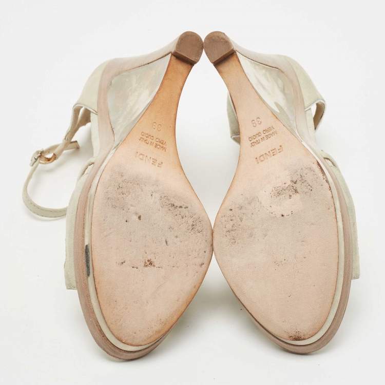 Pre Owned Fendi Grey Suede Wedge Ankle Strap Sandals Size 39