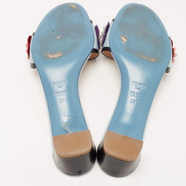 Pre Owned Fendi Blue Leather Flowerland Block Heel Slides Size 38.5