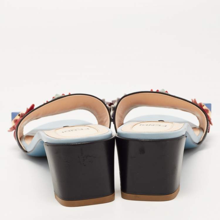 Pre Owned Fendi Blue Leather Flowerland Block Heel Slides Size 38.5