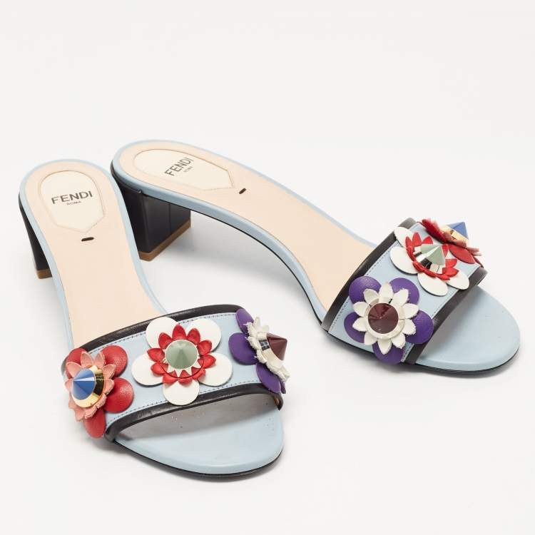 Pre Owned Fendi Blue Leather Flowerland Block Heel Slides Size 38.5