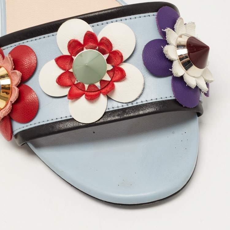 Pre Owned Fendi Blue Leather Flowerland Block Heel Slides Size 38.5