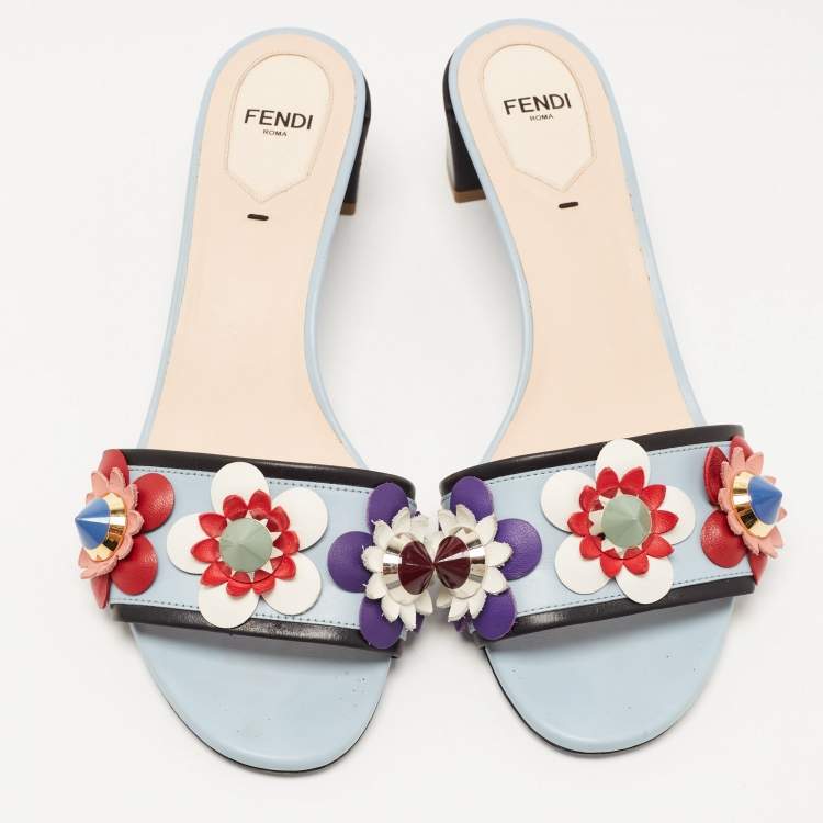 Pre Owned Fendi Blue Leather Flowerland Block Heel Slides Size 38.5