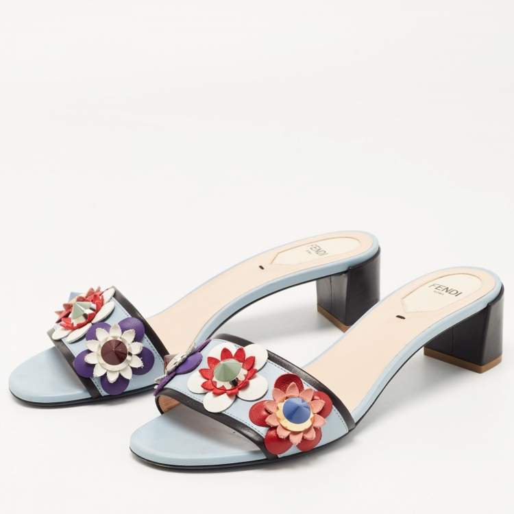 Pre Owned Fendi Blue Leather Flowerland Block Heel Slides Size 38.5