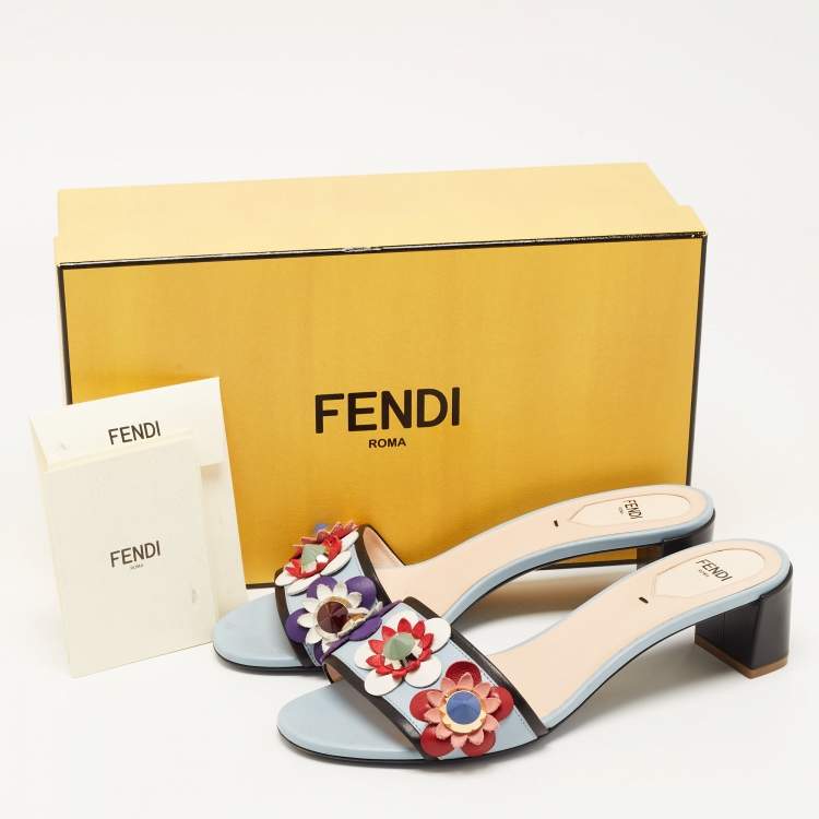 Pre Owned Fendi Blue Leather Flowerland Block Heel Slides Size 38.5