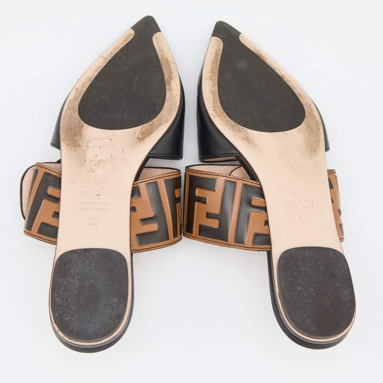 Pre Owned Fendi Black/Brown FF Embossed Leather Buckle Mule Flats Size 35