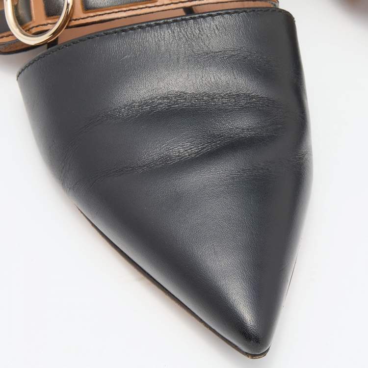 Pre Owned Fendi Black/Brown FF Embossed Leather Buckle Mule Flats Size 35