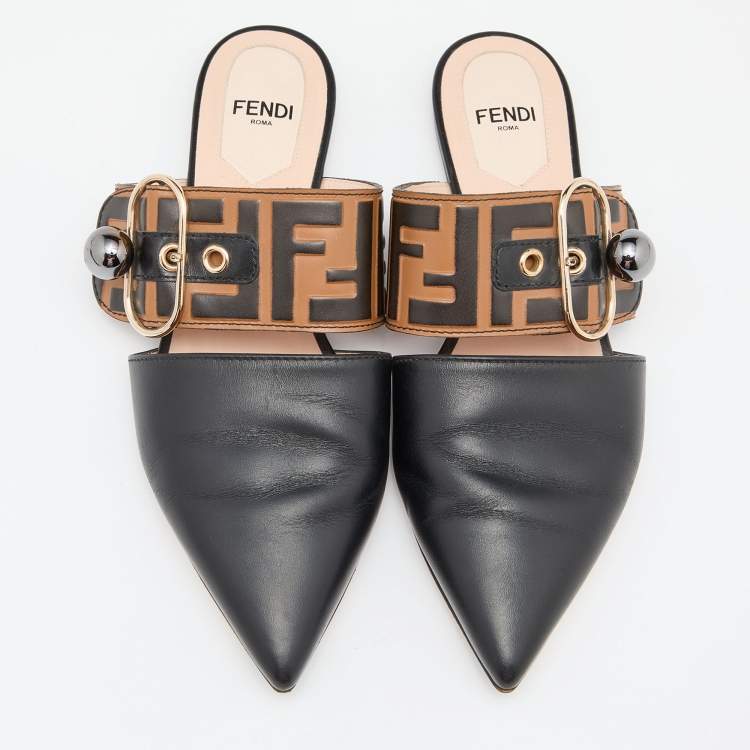 Pre Owned Fendi Black/Brown FF Embossed Leather Buckle Mule Flats Size 35