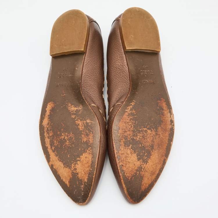 Pre Owned Fendi Brown Selleria Leather Buckle Ballet Flats Size 39