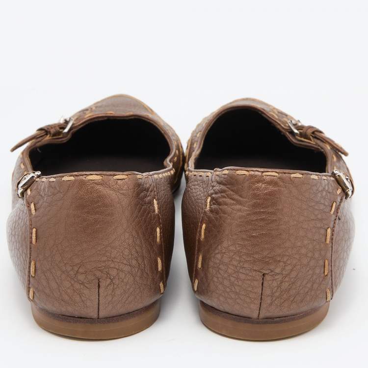Pre Owned Fendi Brown Selleria Leather Buckle Ballet Flats Size 39
