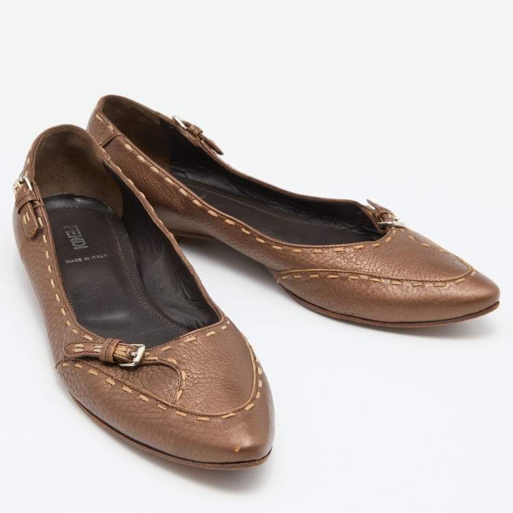 Pre Owned Fendi Brown Selleria Leather Buckle Ballet Flats Size 39