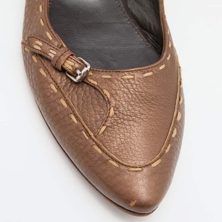 Pre Owned Fendi Brown Selleria Leather Buckle Ballet Flats Size 39