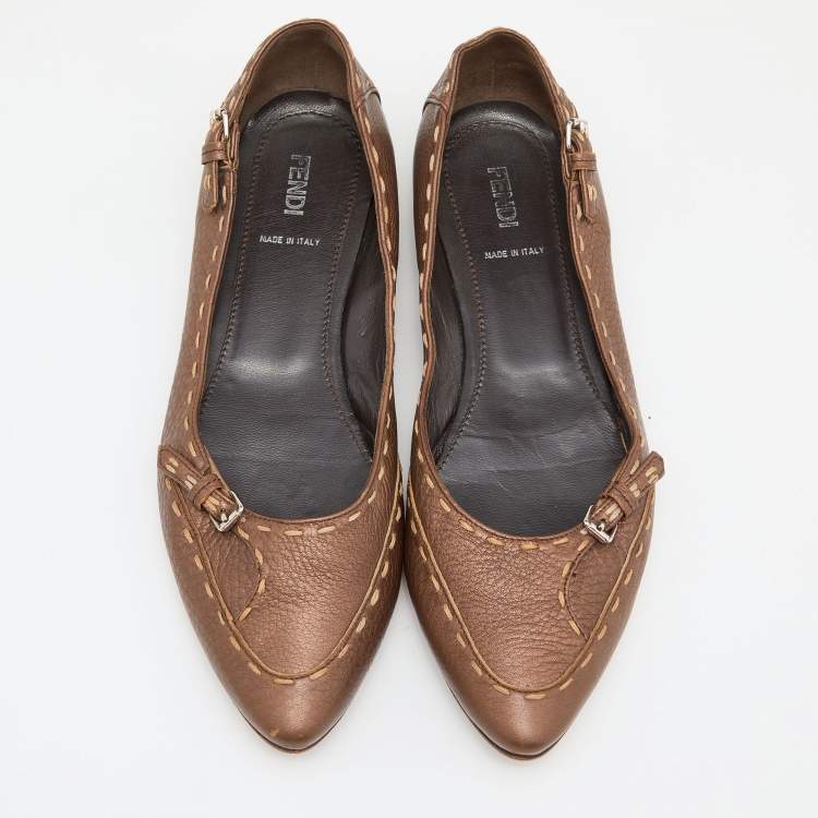 Pre Owned Fendi Brown Selleria Leather Buckle Ballet Flats Size 39