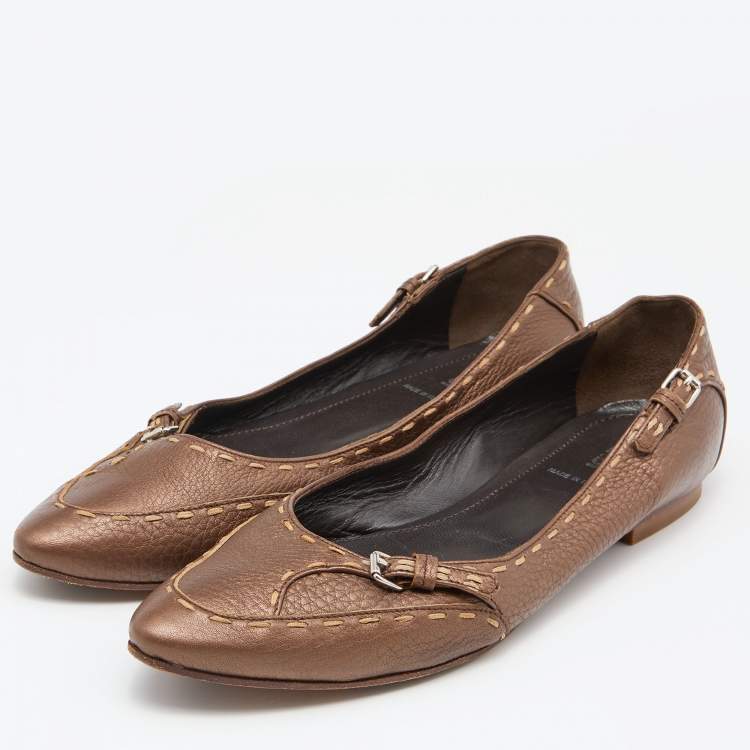 Pre Owned Fendi Brown Selleria Leather Buckle Ballet Flats Size 39