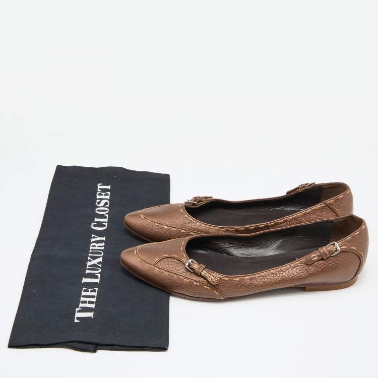 Pre Owned Fendi Brown Selleria Leather Buckle Ballet Flats Size 39
