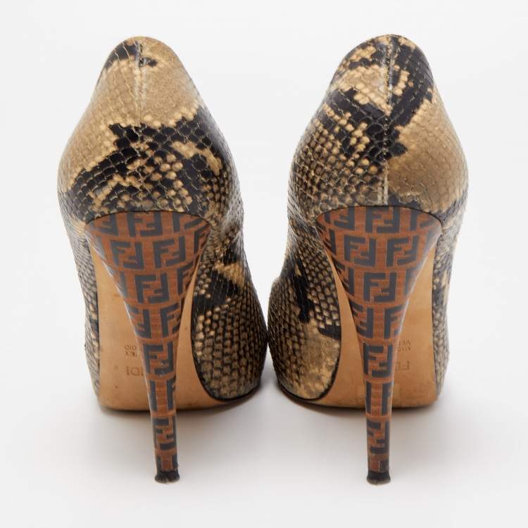 Pre Owned Fendi Brown Python Embossed Leather Peep Toe Pumps Size 39.5