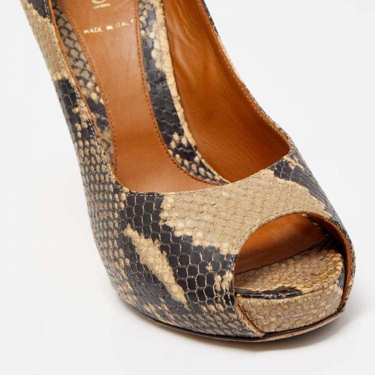 Pre Owned Fendi Brown Python Embossed Leather Peep Toe Pumps Size 39.5