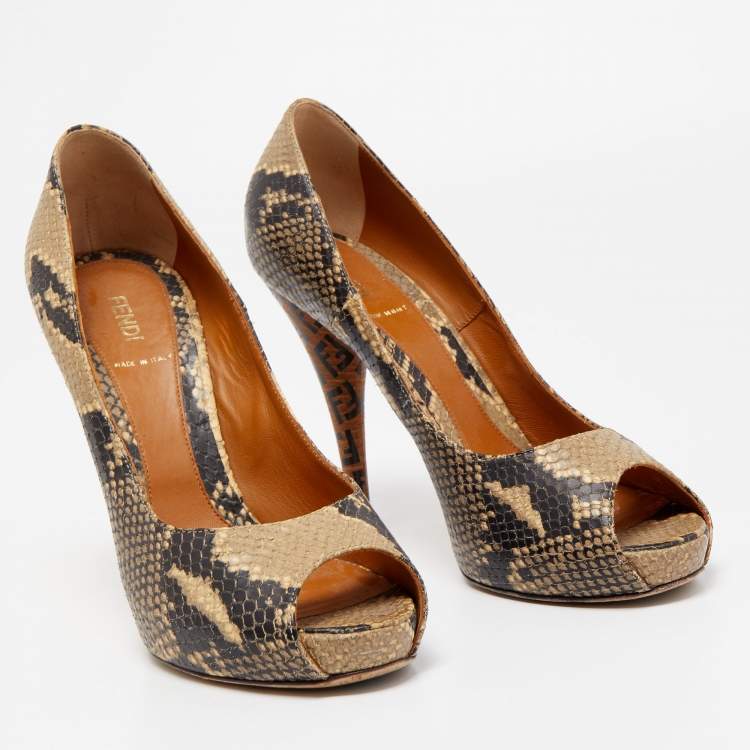 Pre Owned Fendi Brown Python Embossed Leather Peep Toe Pumps Size 39.5