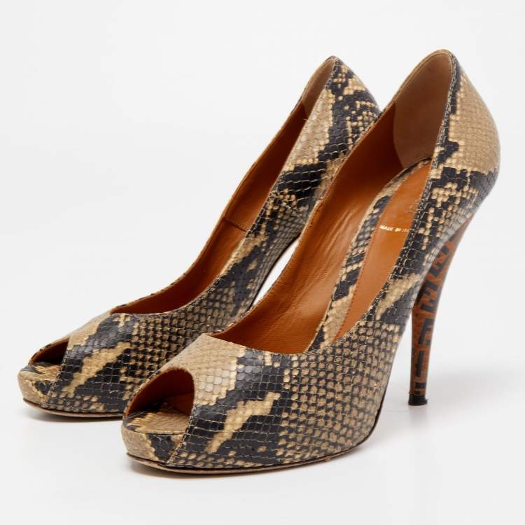 Pre Owned Fendi Brown Python Embossed Leather Peep Toe Pumps Size 39.5