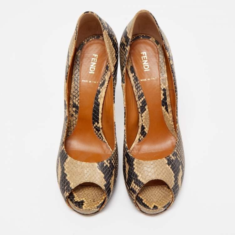 Pre Owned Fendi Brown Python Embossed Leather Peep Toe Pumps Size 39.5