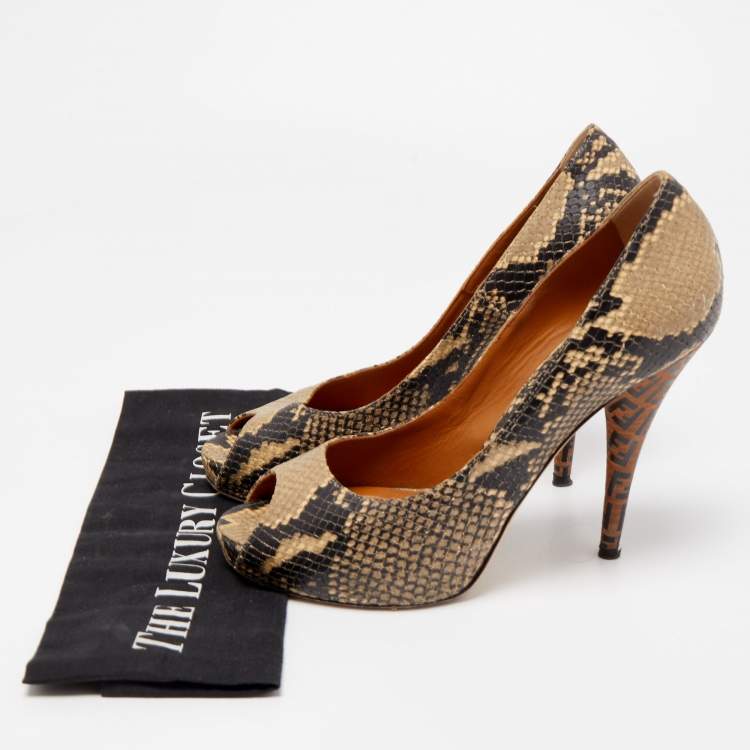 Pre Owned Fendi Brown Python Embossed Leather Peep Toe Pumps Size 39.5
