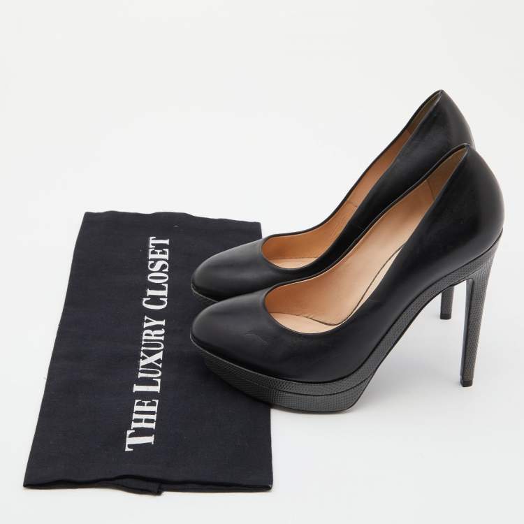 Pre Owned Fendi Black/Grey Leather and Lizard Embossed Heel Platform Pumps Size 37.5