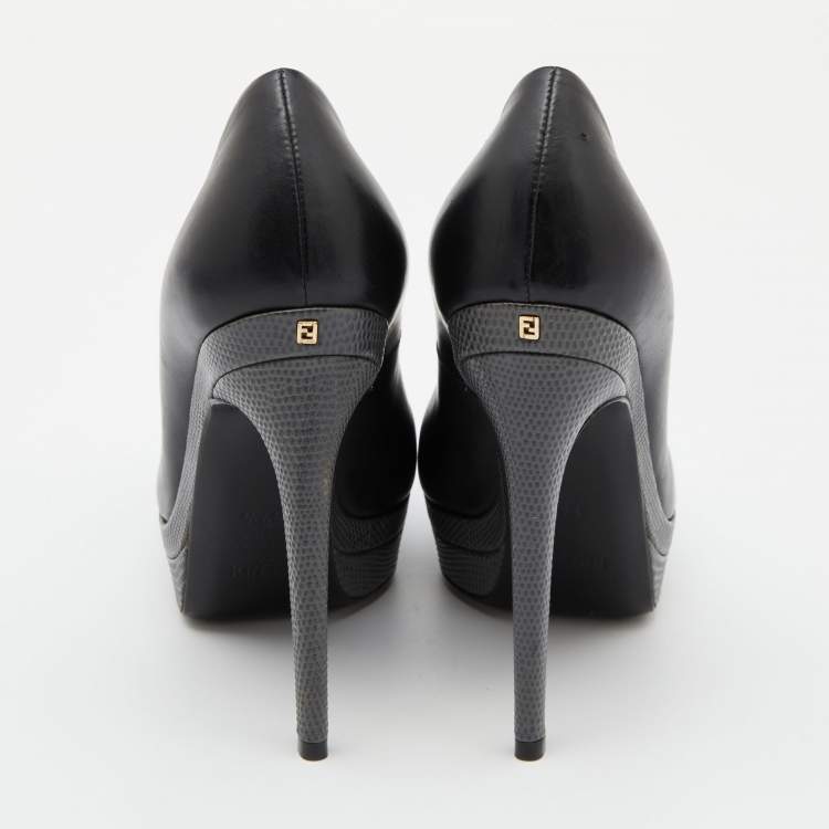 Pre Owned Fendi Black/Grey Leather and Lizard Embossed Heel Platform Pumps Size 37.5