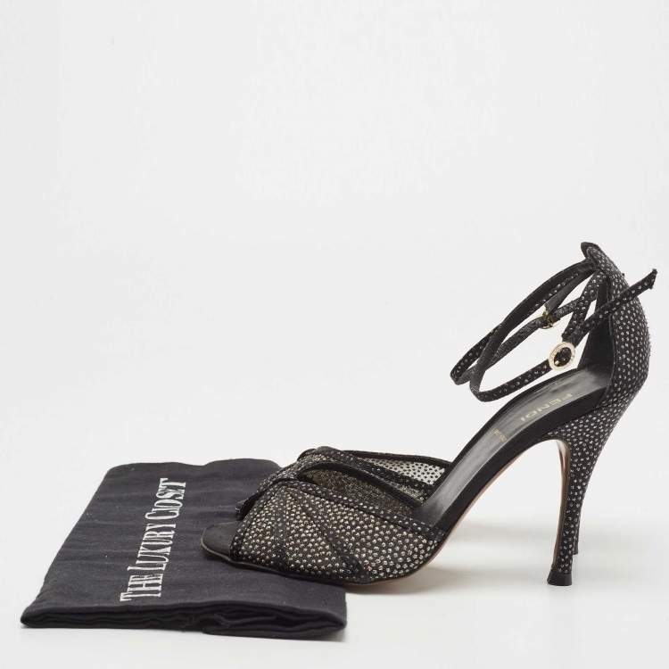 Pre Owned Fendi Black Mesh and Suede Studded Ankle Strap Sandals Size 38