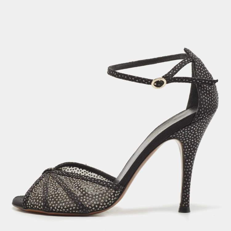 Pre Owned Fendi Black Mesh and Suede Studded Ankle Strap Sandals Size 38