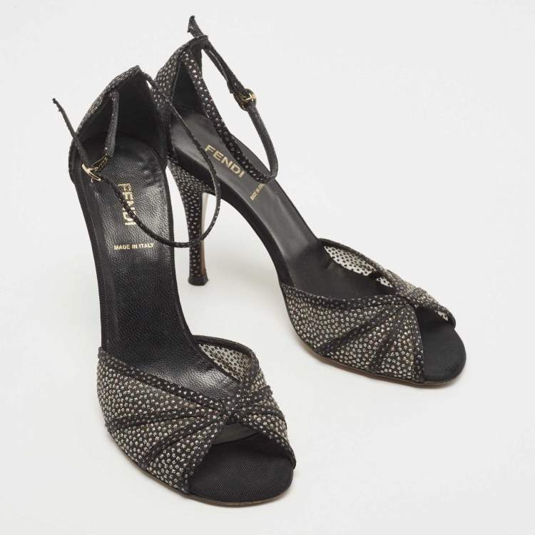 Pre Owned Fendi Black Mesh and Suede Studded Ankle Strap Sandals Size 38