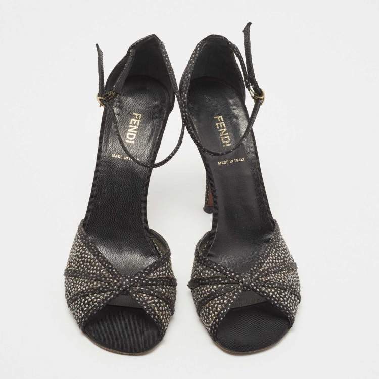 Pre Owned Fendi Black Mesh and Suede Studded Ankle Strap Sandals Size 38