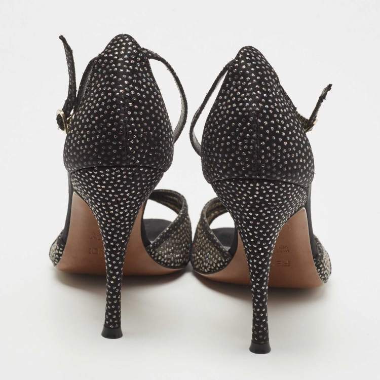 Pre Owned Fendi Black Mesh and Suede Studded Ankle Strap Sandals Size 38