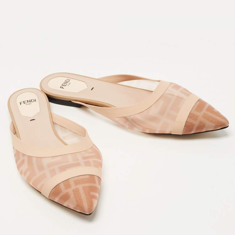 Pre Owned Fendi Two Tone Zucca Mesh and Leather Colibri Flat Mules Size 38