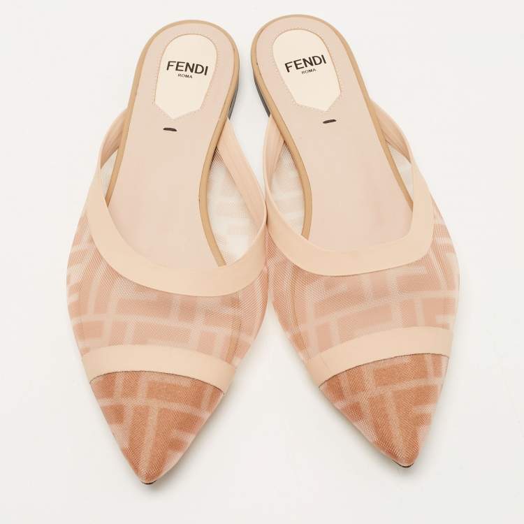 Pre Owned Fendi Two Tone Zucca Mesh and Leather Colibri Flat Mules Size 38