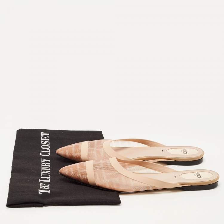 Pre Owned Fendi Two Tone Zucca Mesh and Leather Colibri Flat Mules Size 38