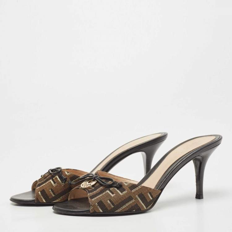 Pre Owned Fendi Two Tone Zucca Canvas Bow Slide Sandals Size 37