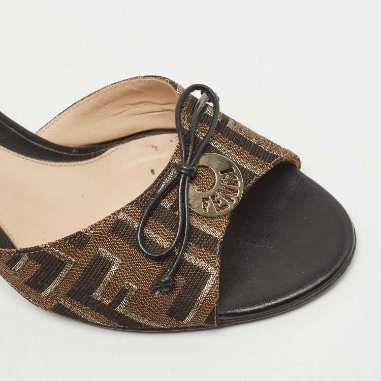Pre Owned Fendi Two Tone Zucca Canvas Bow Slide Sandals Size 37