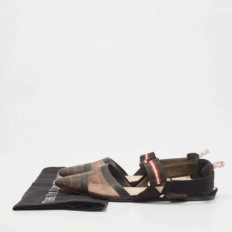Pre Owned Fendi Brown/Black Zucca Mesh and Leather Colibri Slingback Flats Size 38